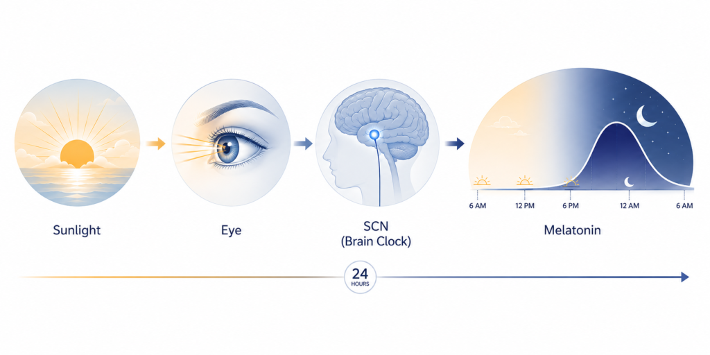 Diagram showing how sunlight influences the eye, signals the brain's suprachiasmatic nucleus (SCN), and regulates melatonin production across the day-night cycle.