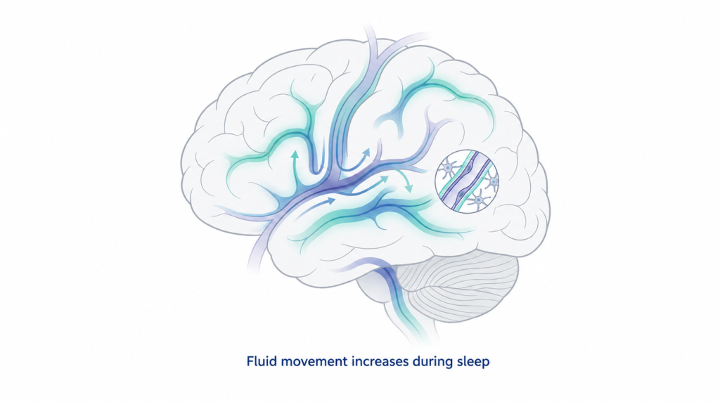 Illustration of the glymphatic system showing fluid movement through the brain during sleep to support maintenance and waste clearance processes.