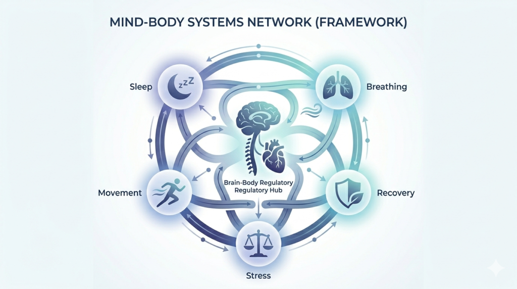 Diagram illustrating the interconnected relationships between sleep, breathing, movement, stress, and recovery within the Mind-Body Blueprints framework, centered around a shared brain-body regulatory system.