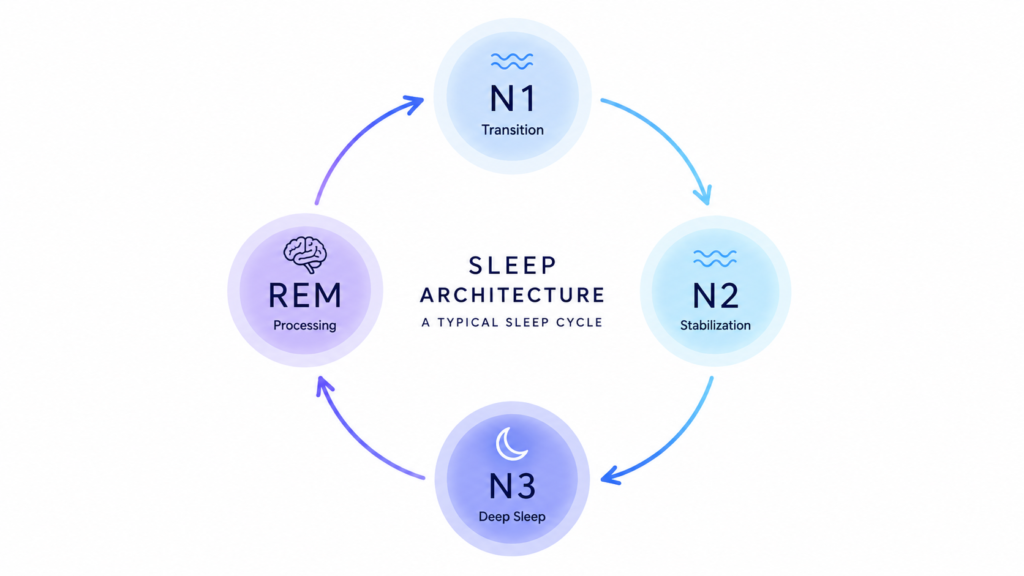 Circular diagram showing the four stages of sleep architecture including N1, N2, N3 deep sleep, and REM sleep arranged in a repeating cycle.