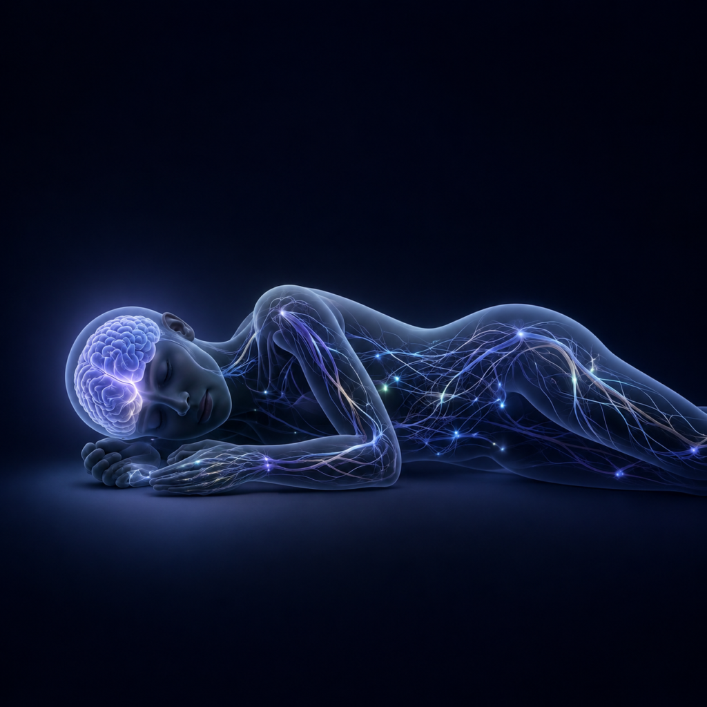 Illustration of a sleeping human body with an illuminated brain and interconnected nervous system pathways representing sleep, recovery, and biological regulation.