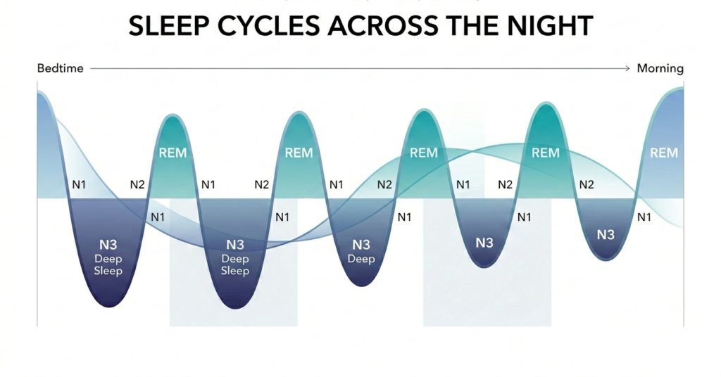 Timeline diagram showing how sleep stages change throughout the night, with deep sleep dominating early sleep cycles and REM sleep increasing toward morning.