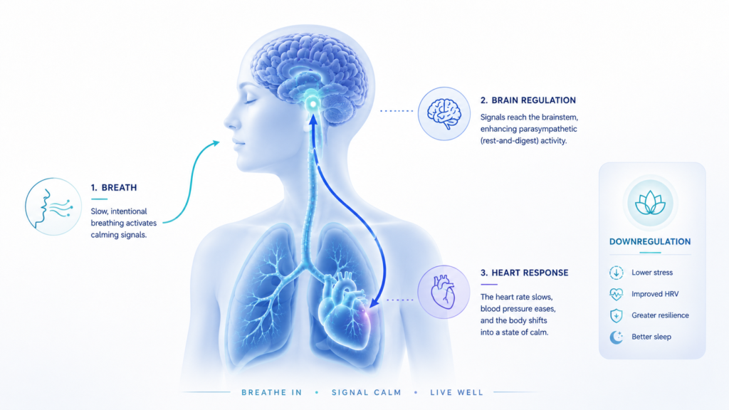 Alt Text Diagram illustrating how slow breathing influences brainstem activity and heart function through nervous system pathways, supporting parasympathetic activation and physiological downregulation.